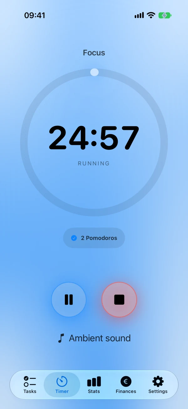 Actual PomodoFlow screen: a focus timer running.