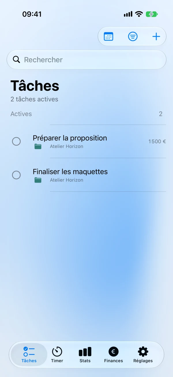 Tâches PomodoFlow organisées par projet, sur iPhone.