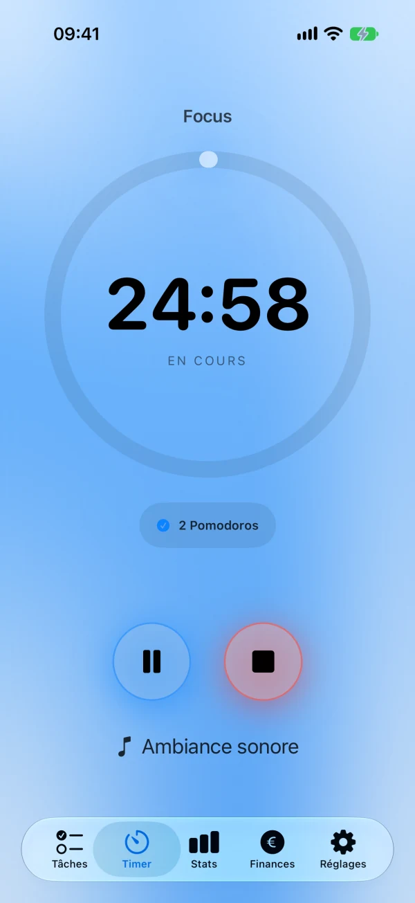 Écran réel PomodoFlow : minuteur de concentration en cours.