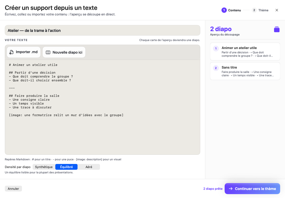Module Texte et Markdown de Tissyo Interact avec une trame fictive de deux diapositives et son aperçu