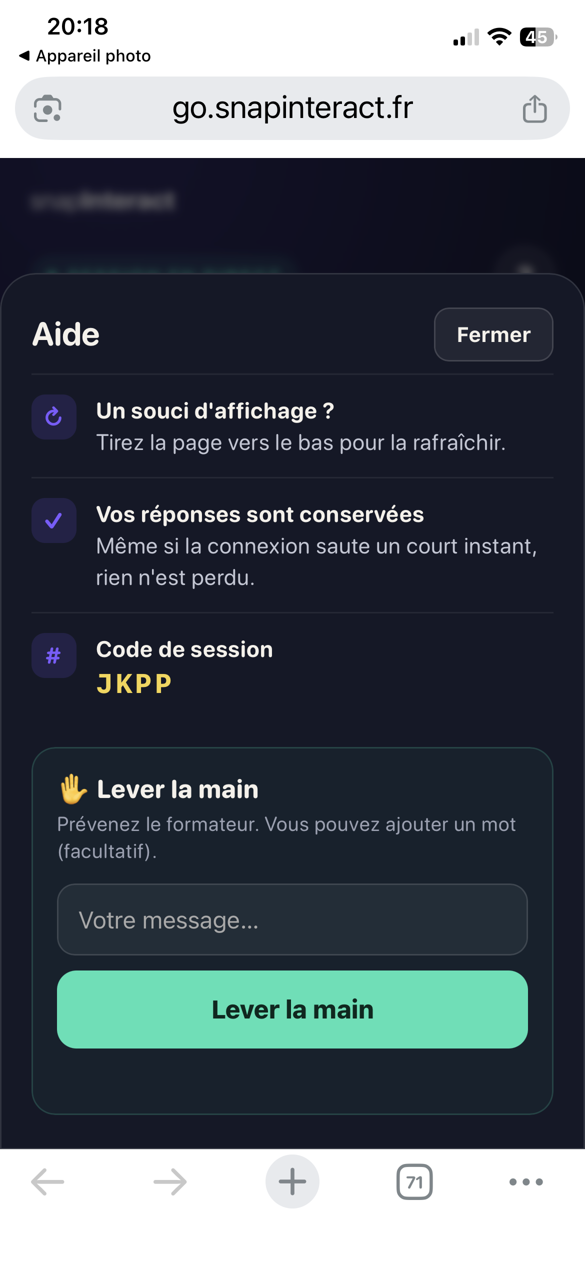 Raise hand panel with an optional message field and send button — French-language interface