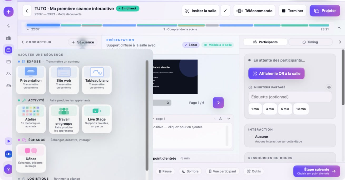 Cockpit Animateur en direct avec le menu Ajouter une séquence ouvert