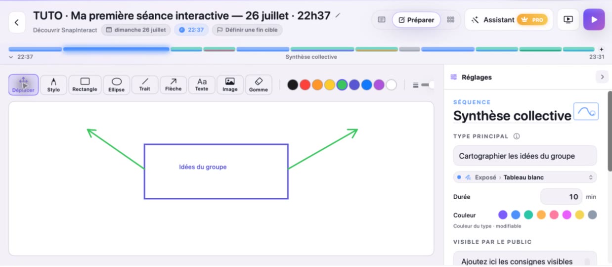 Tissyo Interact whiteboard in Prepare, showing drawing tools, colors, a simple diagram and sequence settings — French-language interface