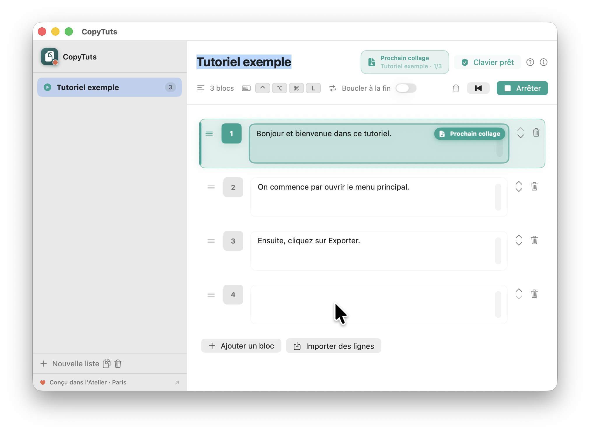 Tissyo Copy avec une liste de quatre blocs et le prochain texte prêt à être collé