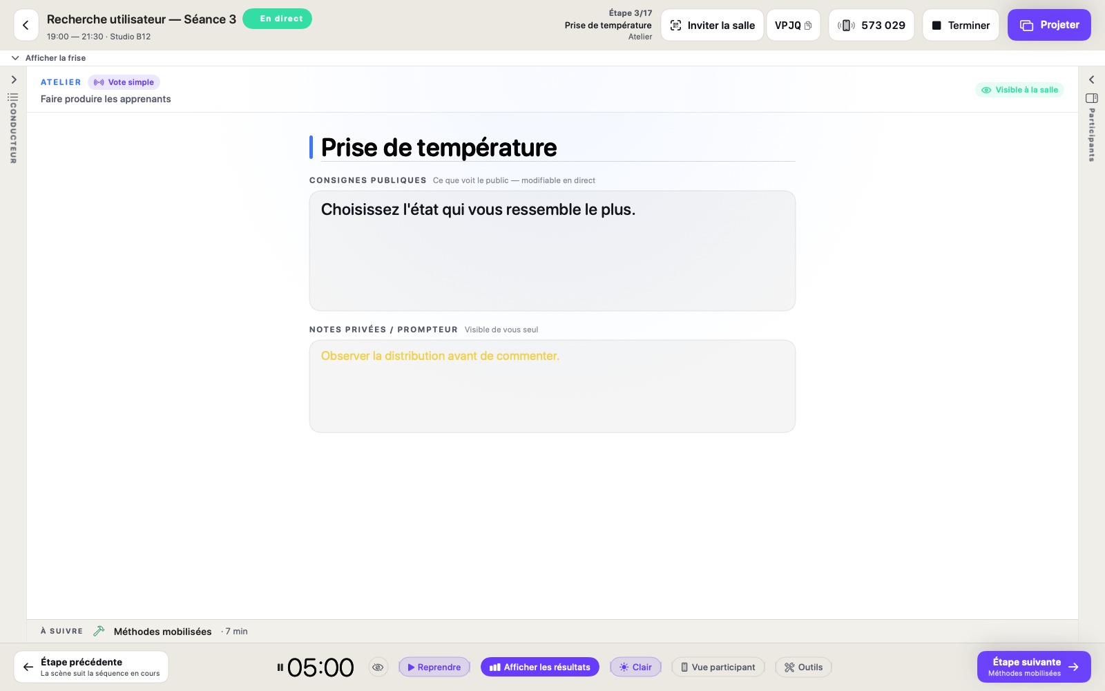 Vue de pilotage d’une séance Tissyo Interact
