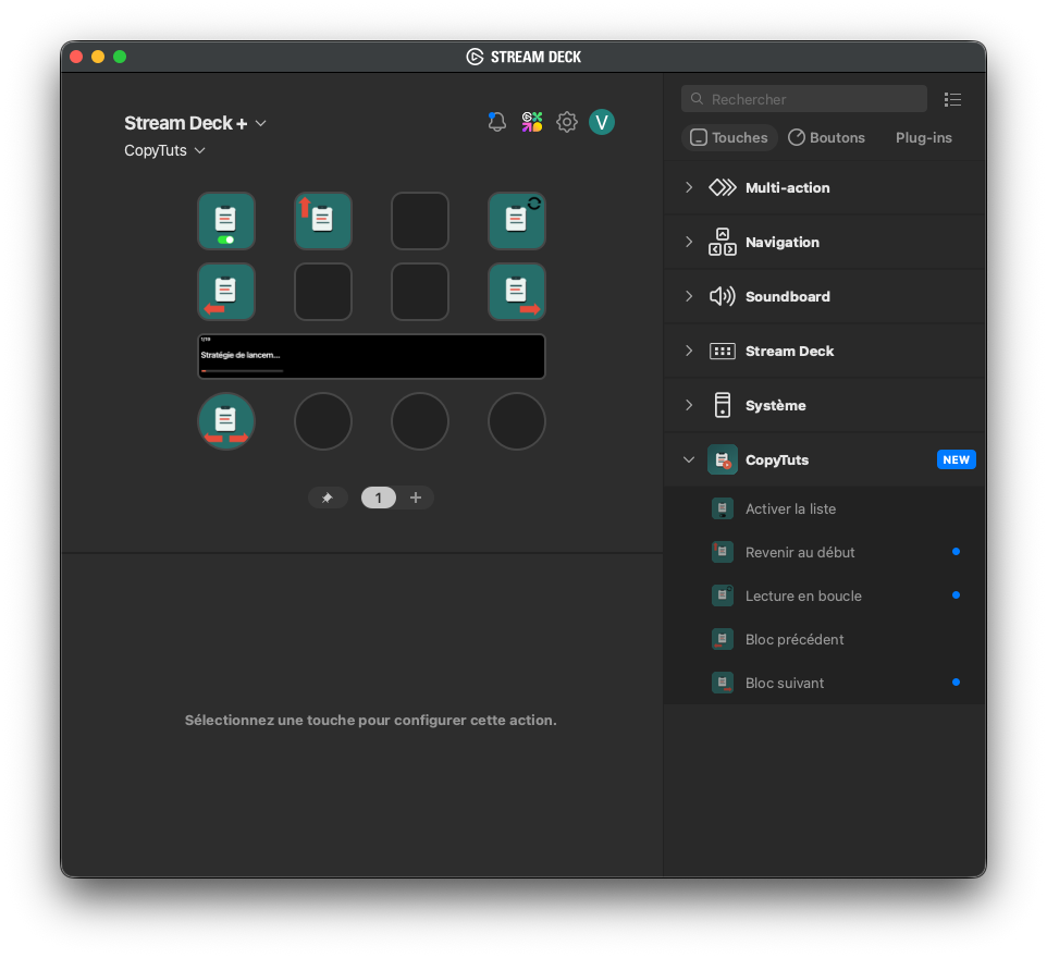 Configuration du plugin Tissyo Copy dans le logiciel Elgato Stream Deck