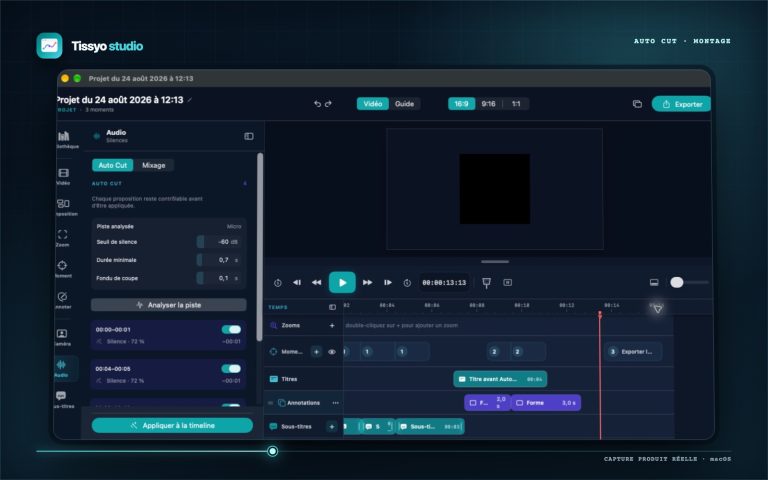 Panneau Auto Cut de Tissyo Studio avec les silences détectés dans la timeline