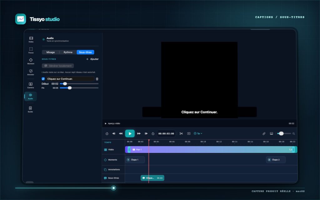 Éditeur de sous-titres Tissyo Studio avec aperçu et piste synchronisée
