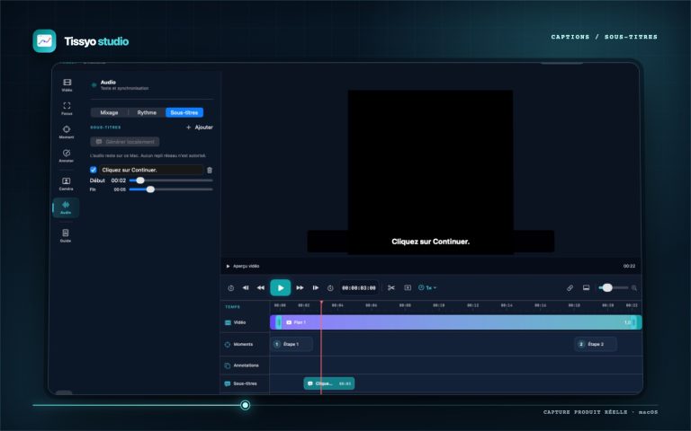 Éditeur de sous-titres Tissyo Studio avec aperçu et piste synchronisée