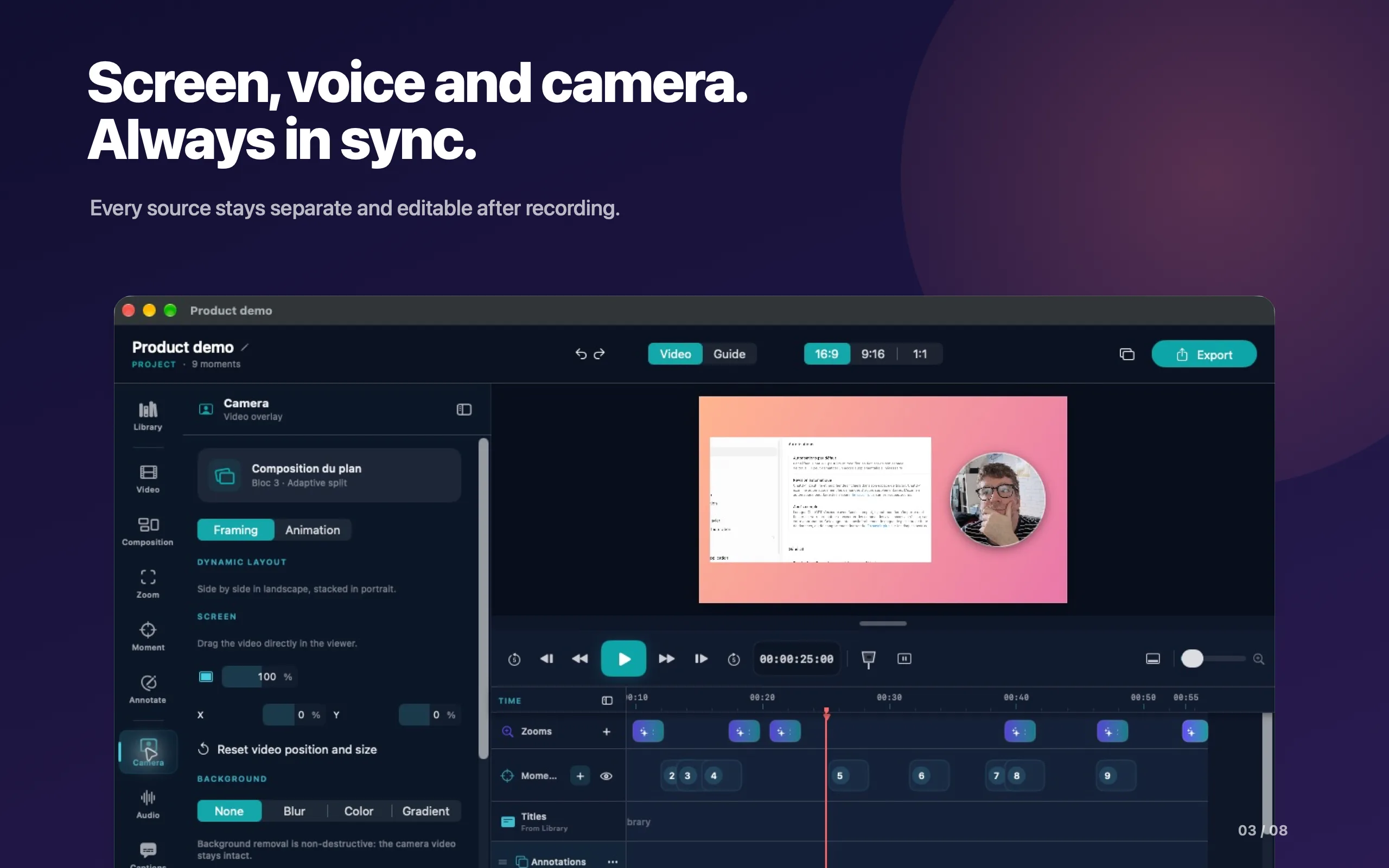 Screen, voice, and camera on separate tracks