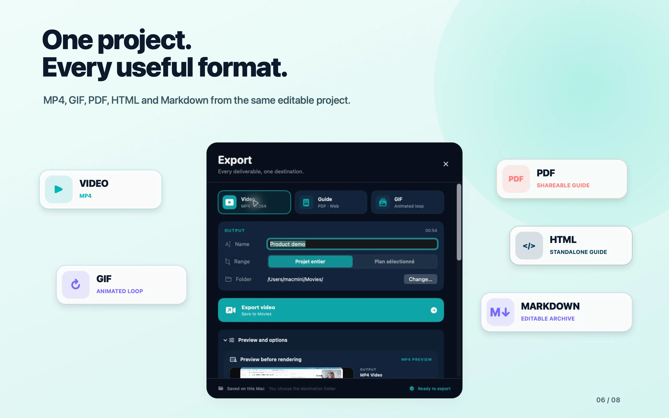 MP4, GIF, PDF, HTML, and Markdown export center