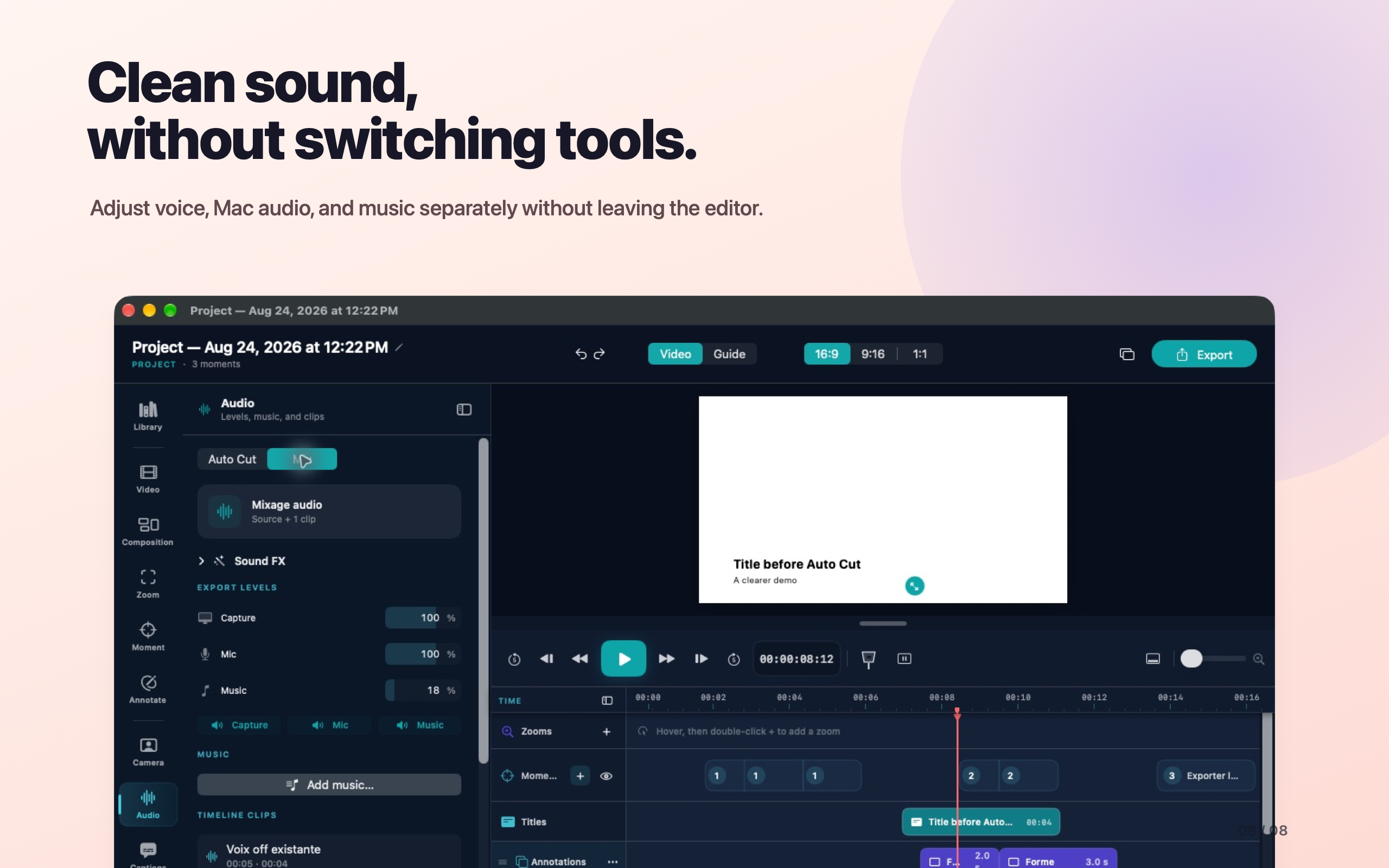 Separate voice, Mac audio and music mixing