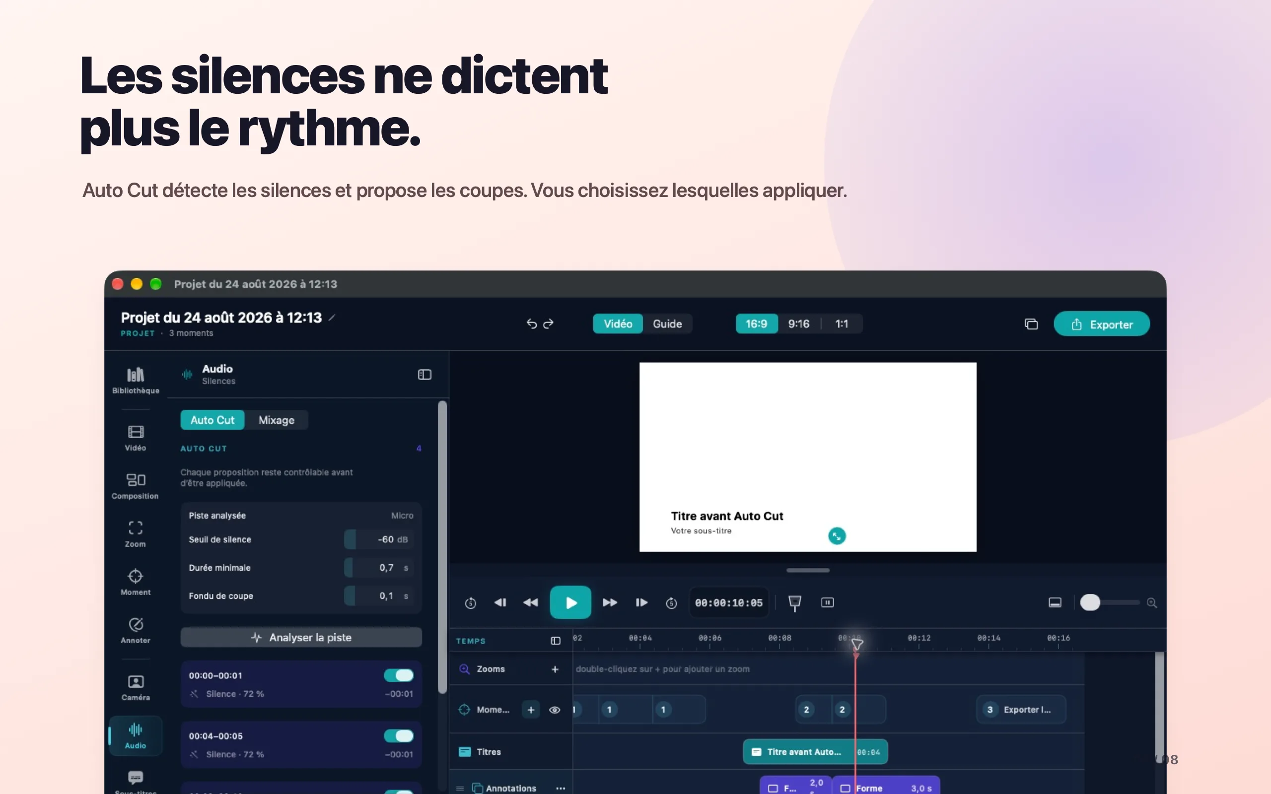 Auto Cut propose les silences à retirer dans la timeline