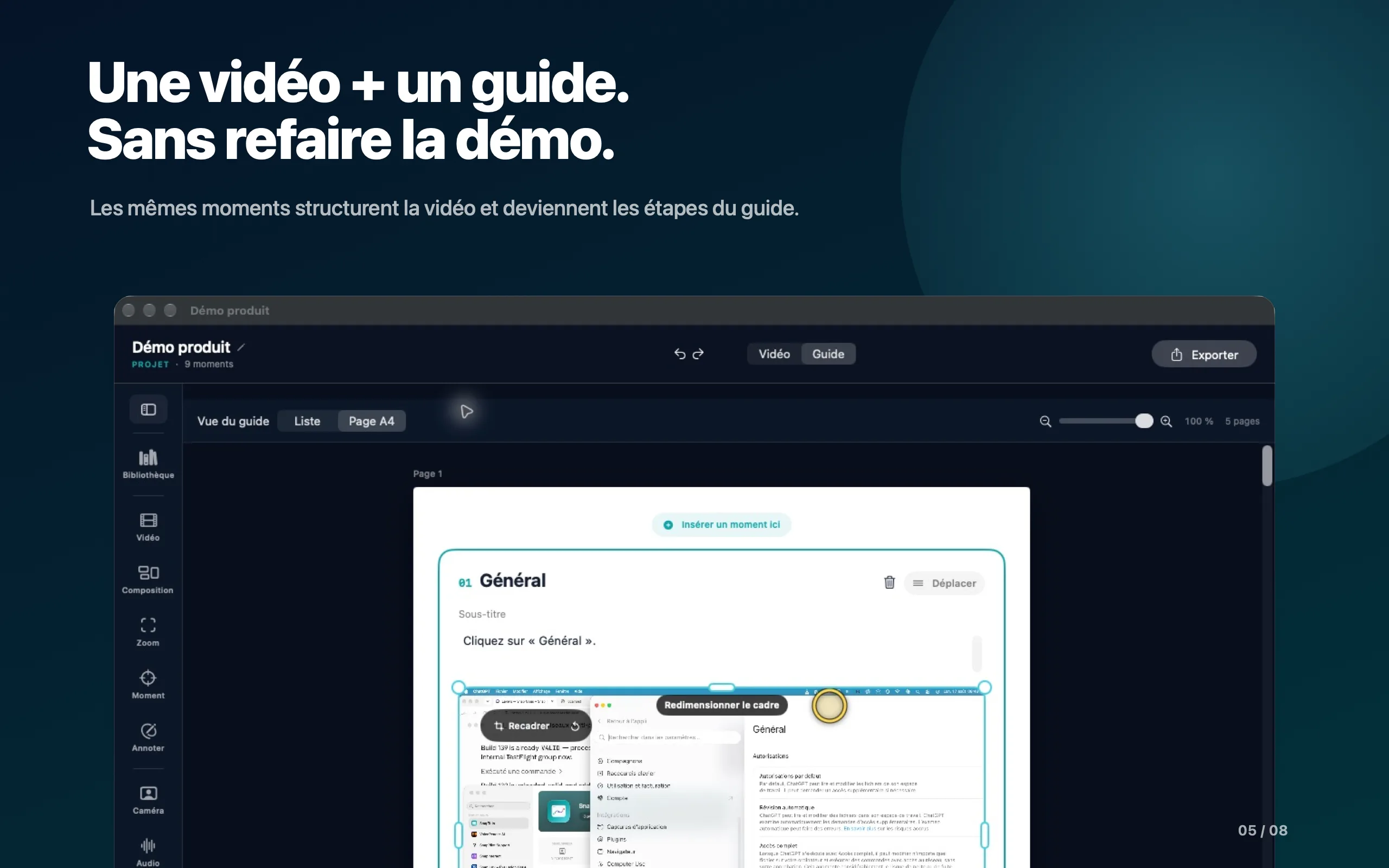 Guide pas à pas éditable construit depuis les moments vidéo