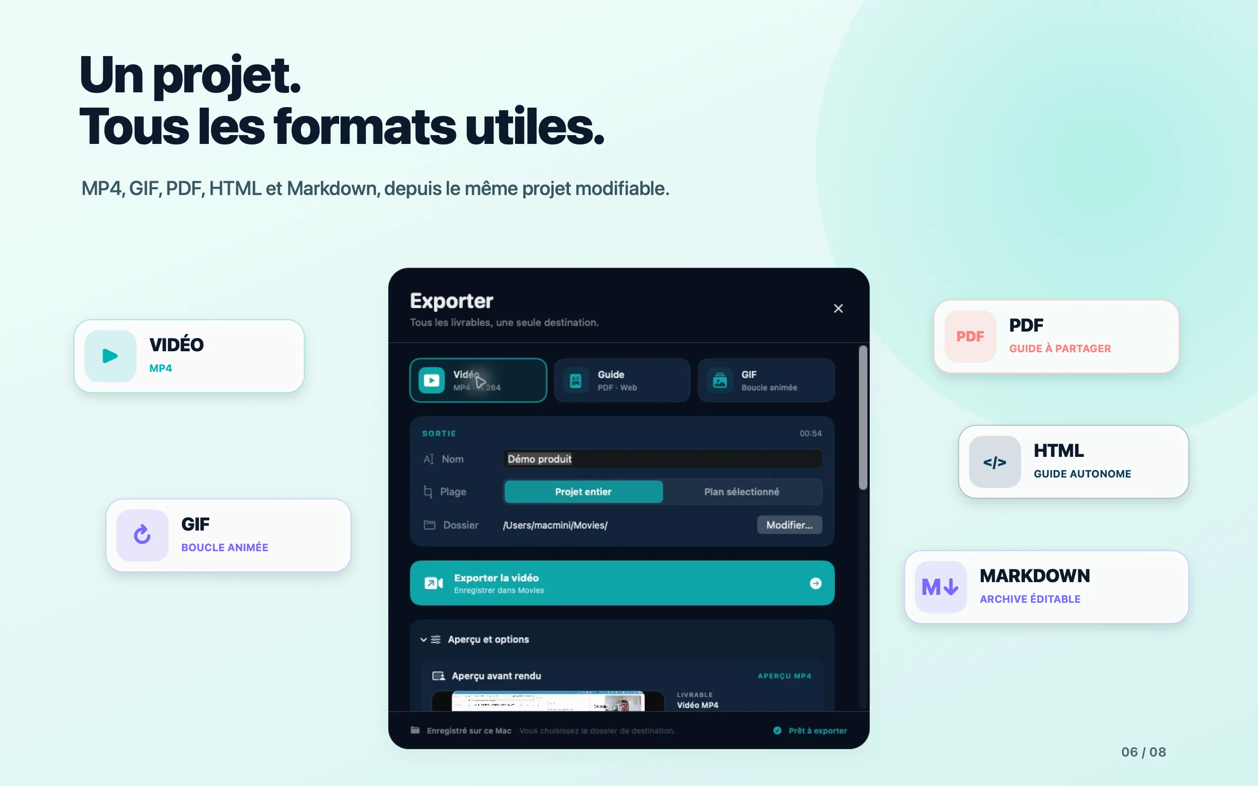 Centre d’export MP4, GIF, PDF, HTML et Markdown