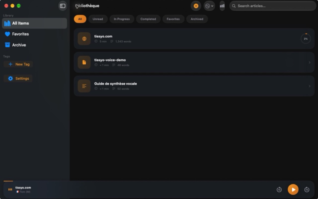 Bibliothèque réelle de Tissyo Voice avec documents PDF, texte et page web