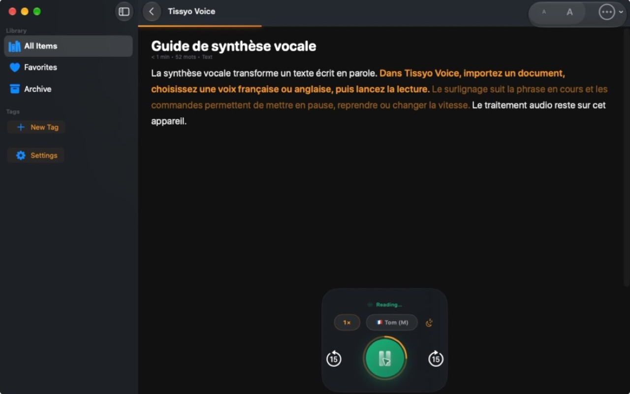 Lecture commencée sur Mac dans Tissyo Voice
