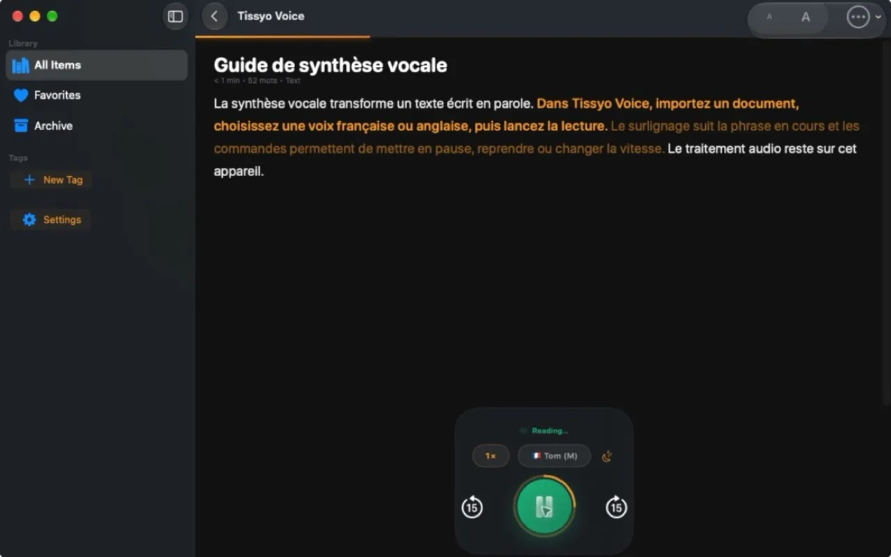 Un document en cours de lecture dans Tissyo Voice sur Mac
