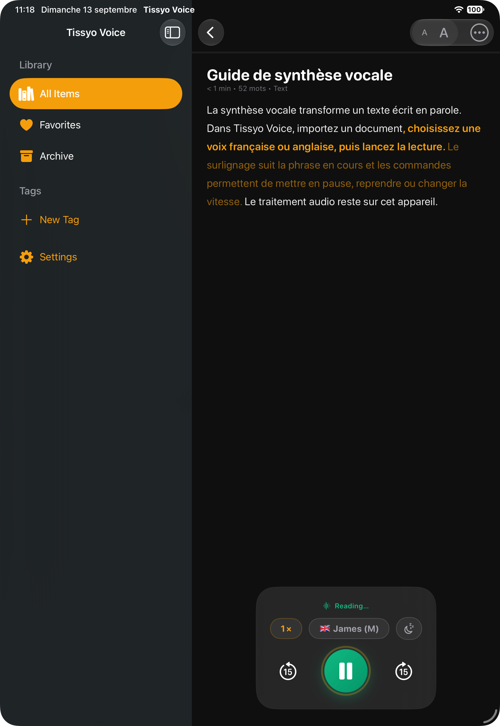 Même lecture reprise sur iPad grâce à iCloud dans Tissyo Voice