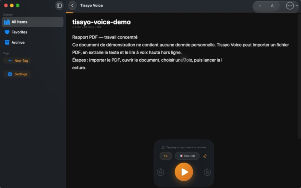 PDF ouvert dans Tissyo Voice avec texte extrait et commandes de lecture audio