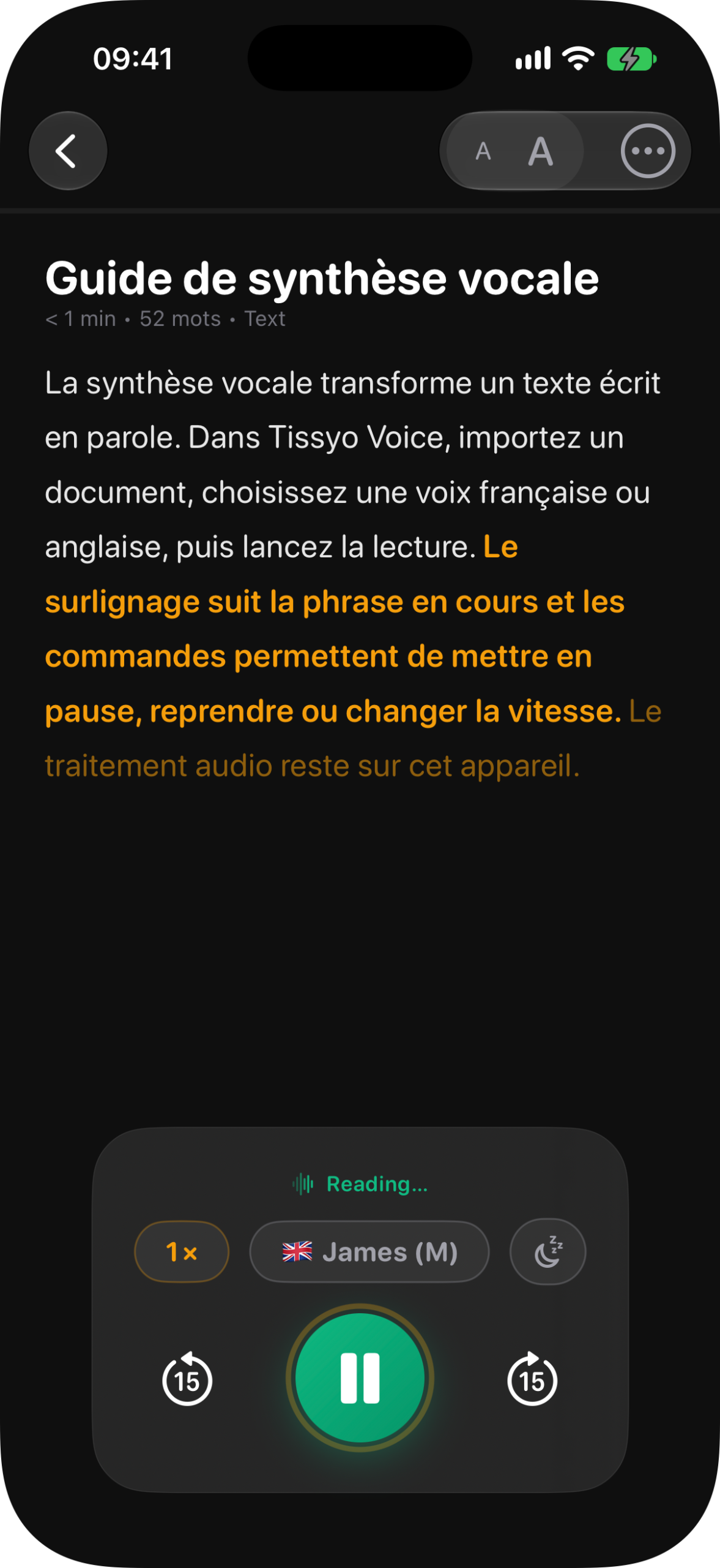 Lecture poursuivie sur iPhone après synchronisation iCloud dans Tissyo Voice