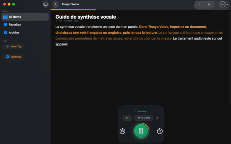 Lecture active dans Tissyo Voice avec surlignage du texte et commandes audio