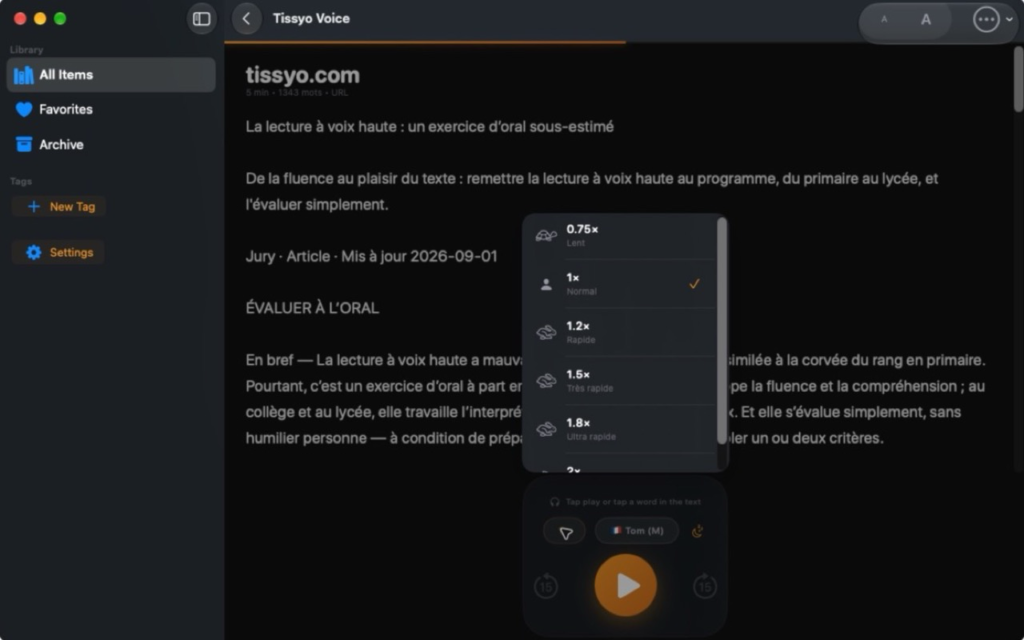 Sélecteur de vitesses de lecture dans Tissyo Voice pour adapter son écoute