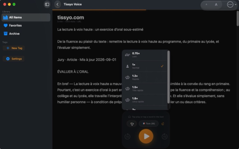 Sélecteur de vitesses de lecture dans Tissyo Voice pour adapter son écoute