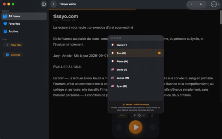 Voix françaises et anglaises disponibles localement et hors ligne dans Tissyo Voice