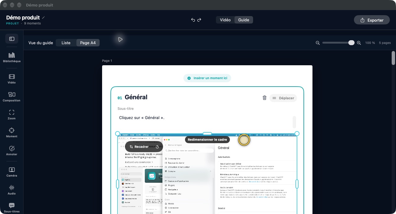 Studio : mise en page du guide pas à pas issu de la démonstration.