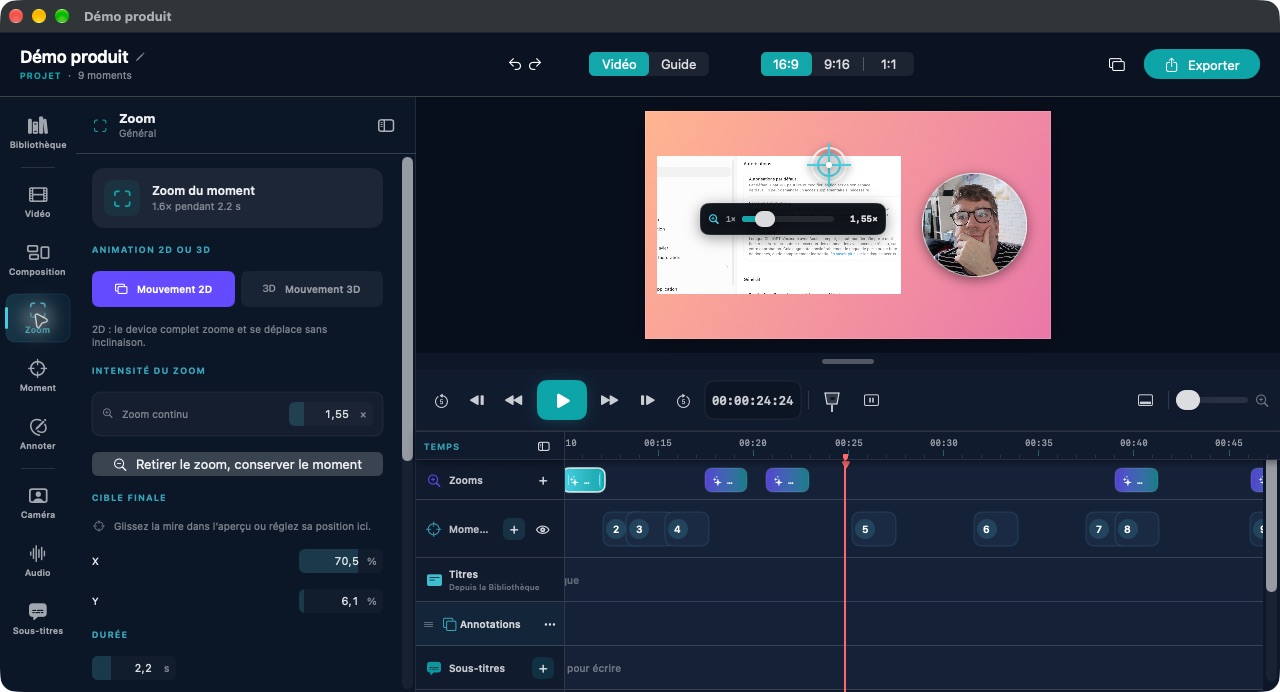 Studio : réglage du zoom et timeline du montage vidéo.