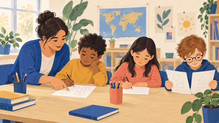 Illustration d’une enseignante aidant un élève pendant que deux autres travaillent sur leurs documents à la même table.
