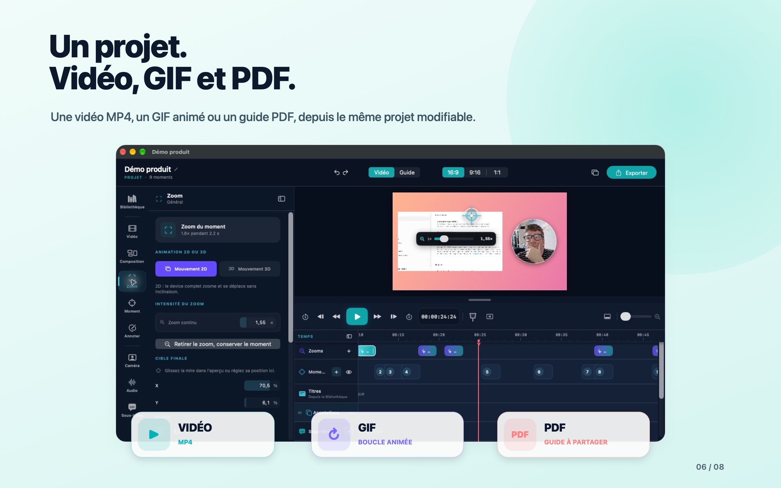 Tissyo Studio : trois formats de sortie, vidéo MP4, GIF animé et guide PDF