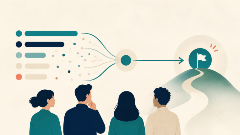Illustration of a group looking at responses that lead towards a shared next step.