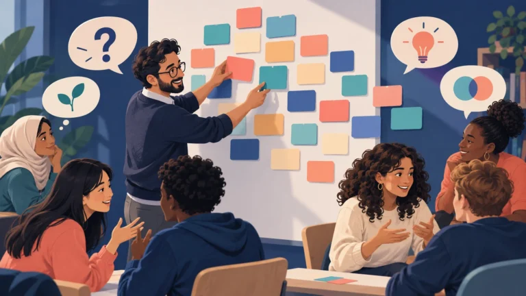 Une formatrice choisit deux idées dans un nuage de cartes pour lancer la discussion entre participants.
