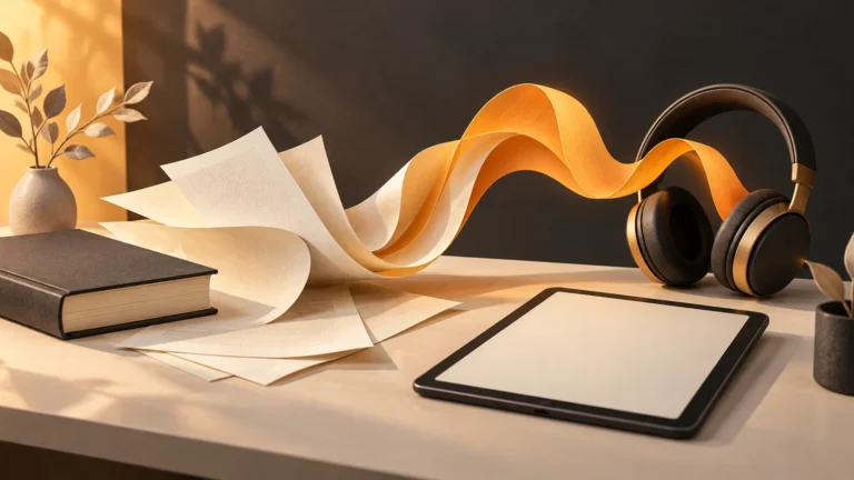 Documents becoming a flowing audio wave beside a tablet and headphones.