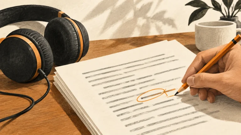 Headphones beside a document being checked and annotated with a pencil.