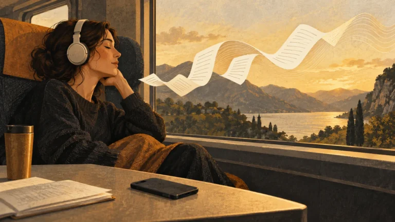 A traveller listening with headphones beside a phone, with document pages flowing into sound waves.