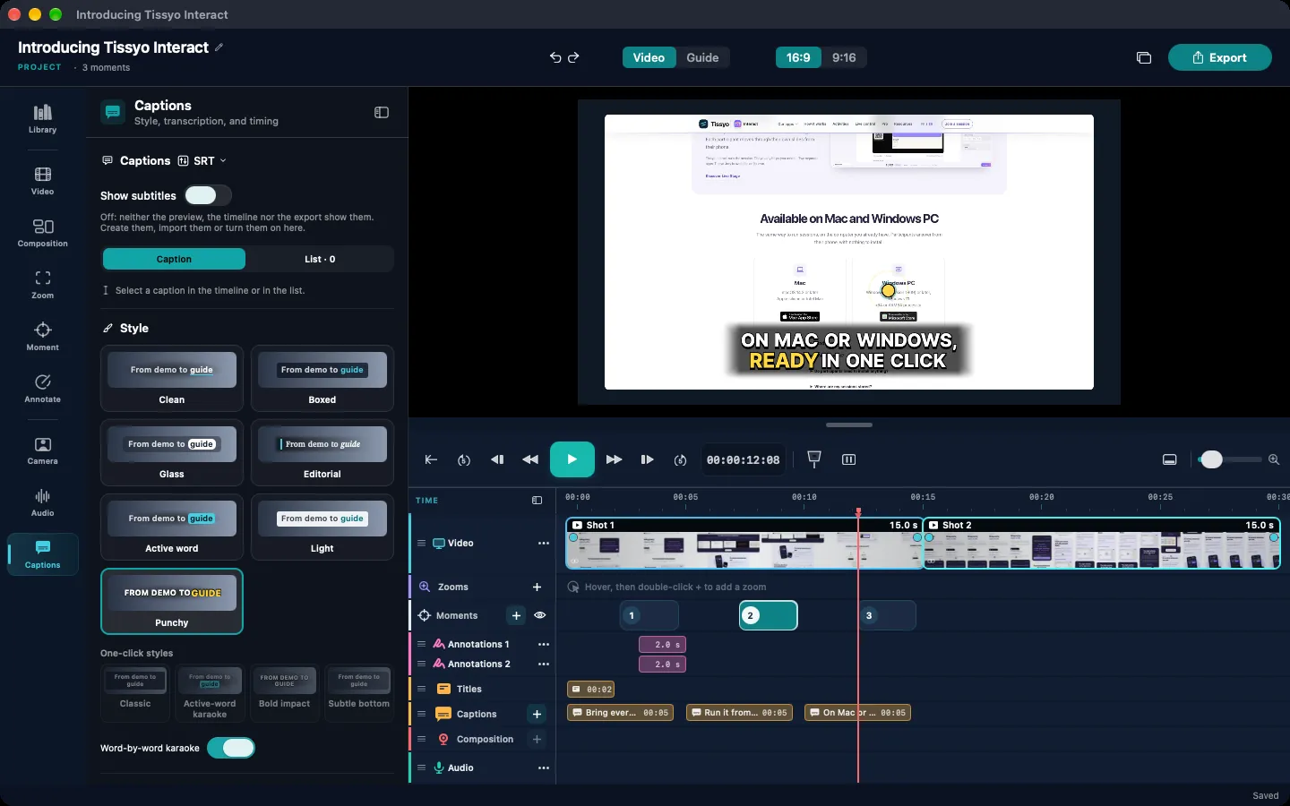 Tissyo Studio 2.0: caption styles and timeline tracks