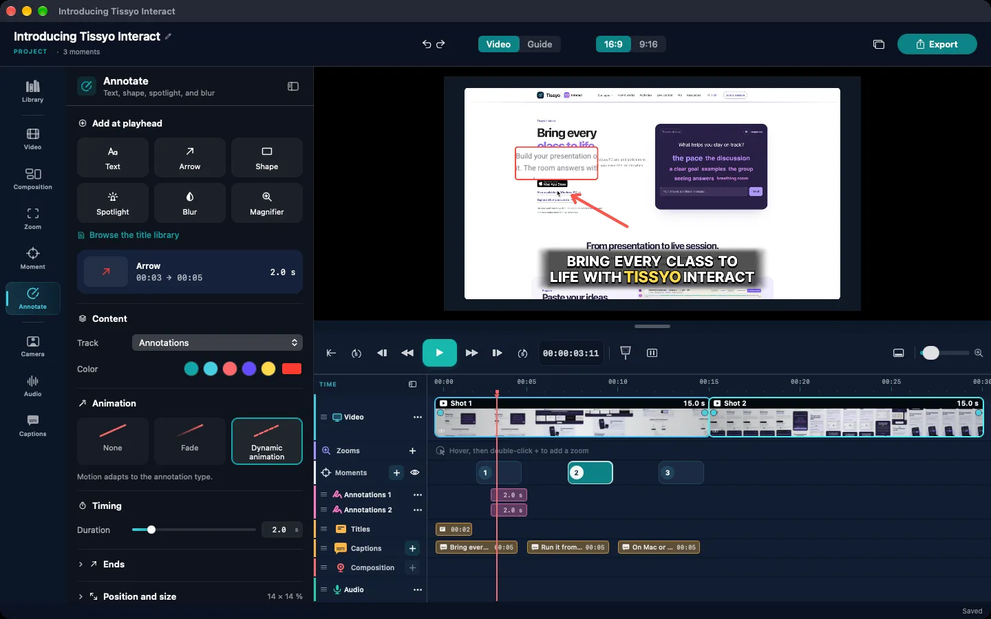 Studio: adjusting a zoom on the video editing timeline.