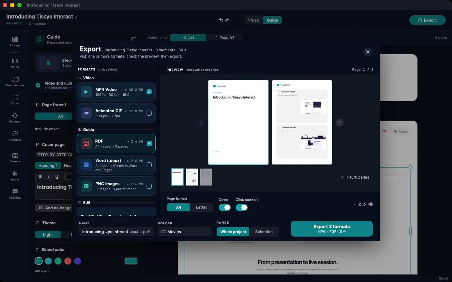 Tissyo Studio 2.0: export as video, PDF, Word or PNG