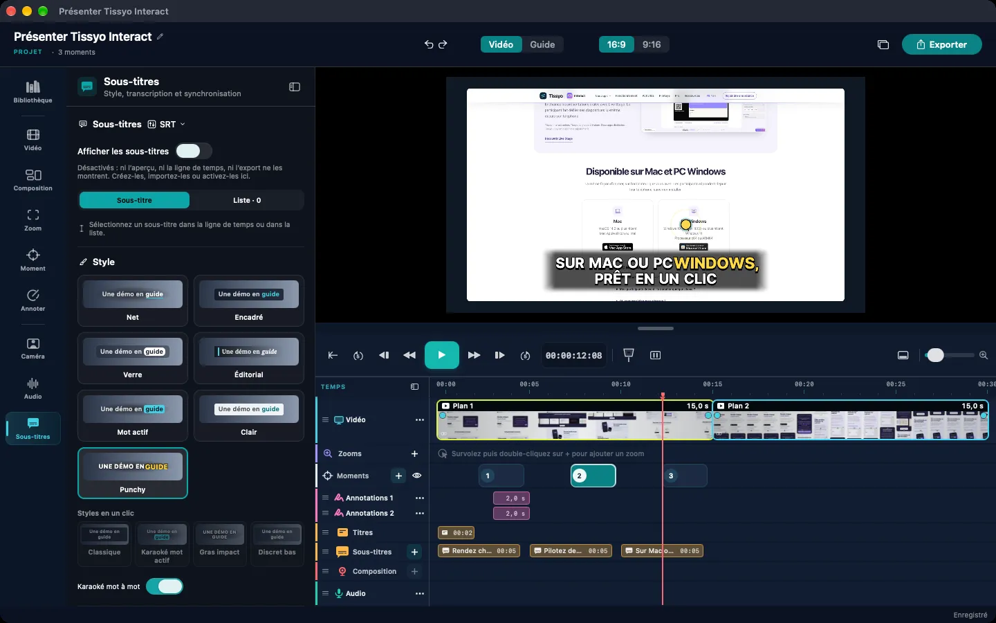 Tissyo Studio 2.0 : styles de sous-titres et pistes de la timeline