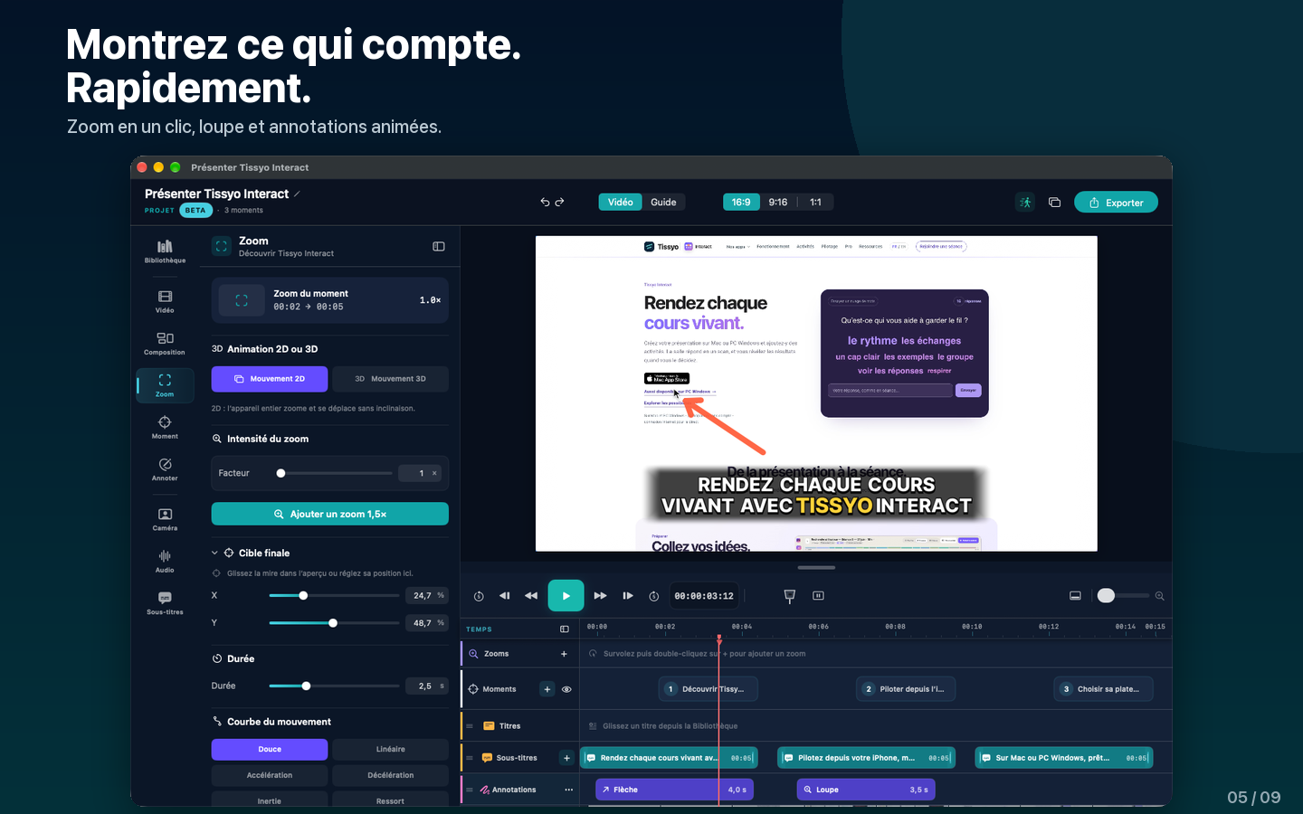 Tissyo Studio : réglage d’un zoom sur la timeline du montage